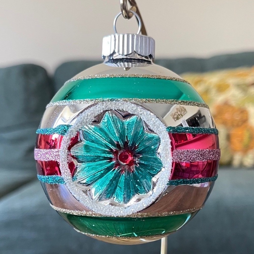 Radko Shiny Brite Glitter Striped Ornament Indent Ball Pink Teal blue Silver XL